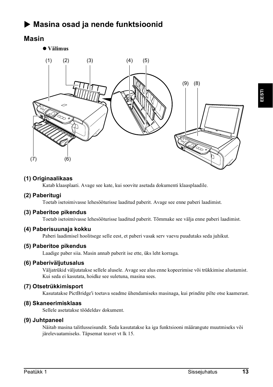 X masina osad ja nende funktsioonid, Masin | Canon Pixma MP 190 User Manual | Page 99 / 396