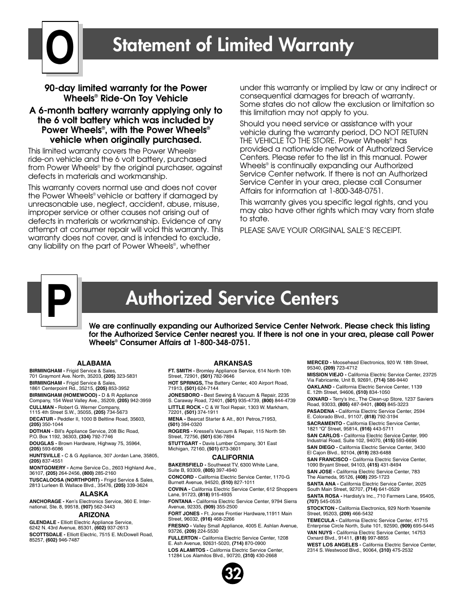 Statement of limited warranty, Authorized service centers | Fisher-Price BARBIE 76980 User Manual | Page 32 / 36