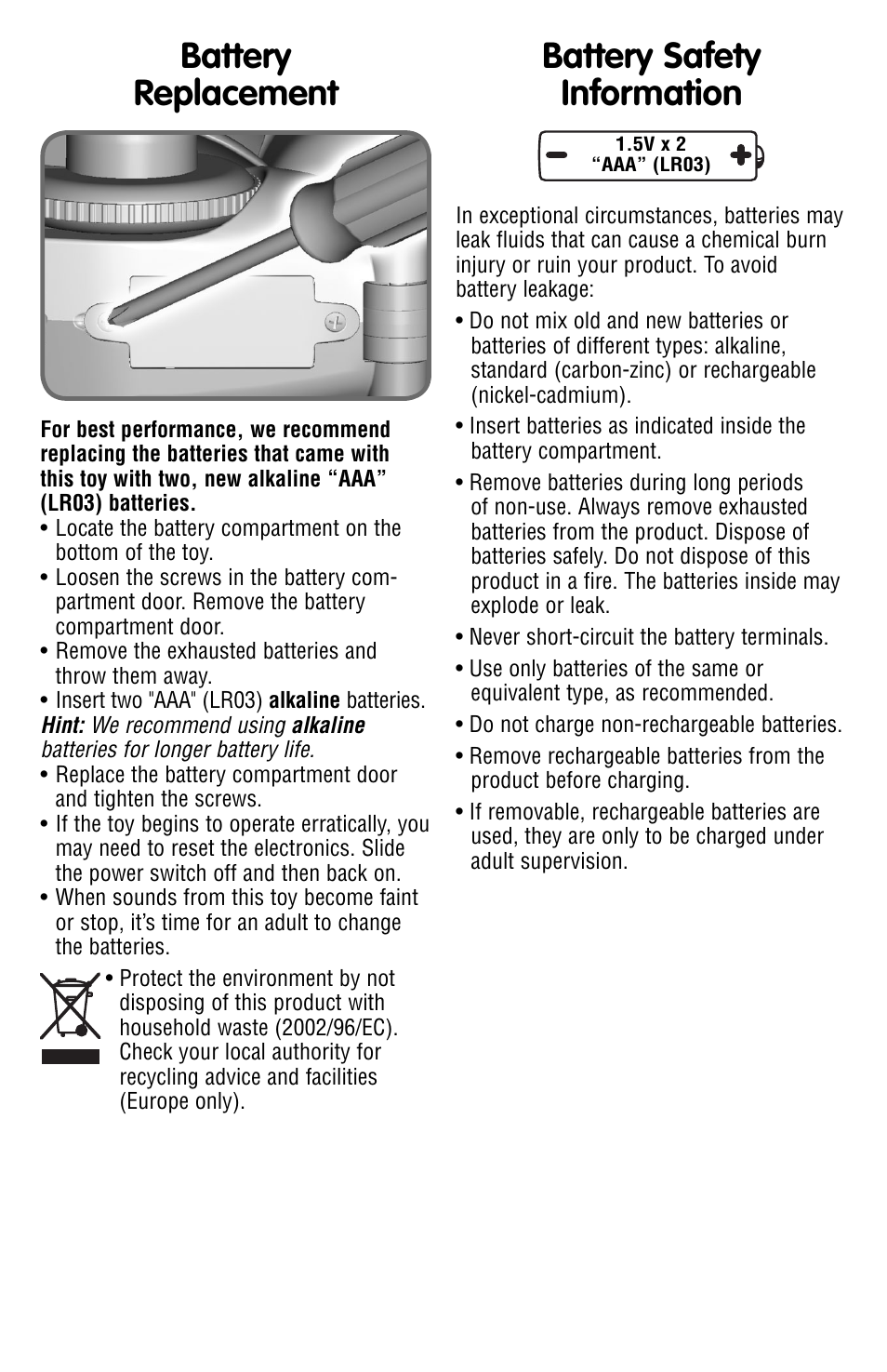 Battery replacement, Battery safety information | Fisher-Price N1880 User Manual | Page 2 / 4