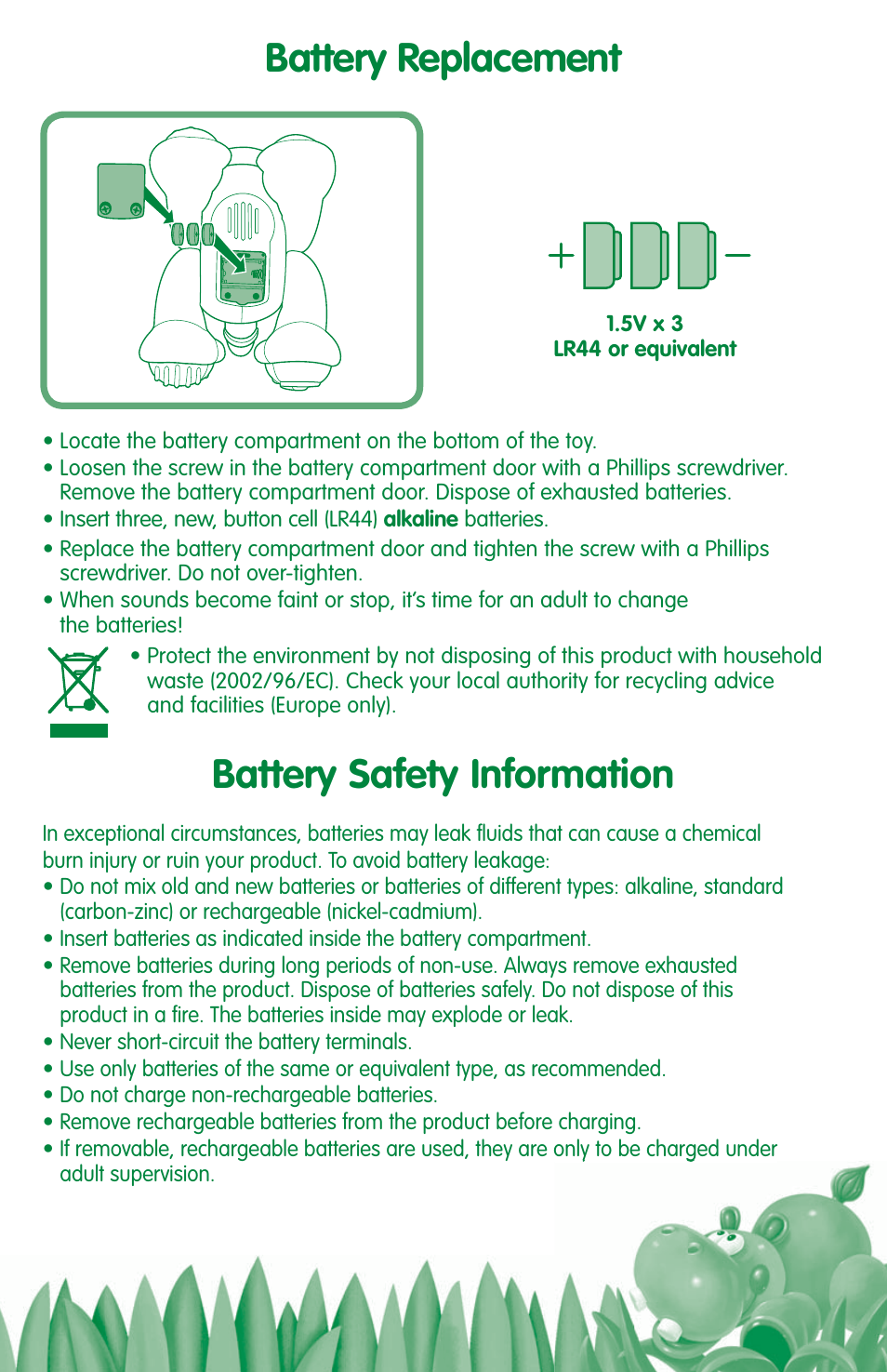 Battery replacement, Battery safety information | Fisher-Price AMAZING ANIMALS M3199 User Manual | Page 3 / 4