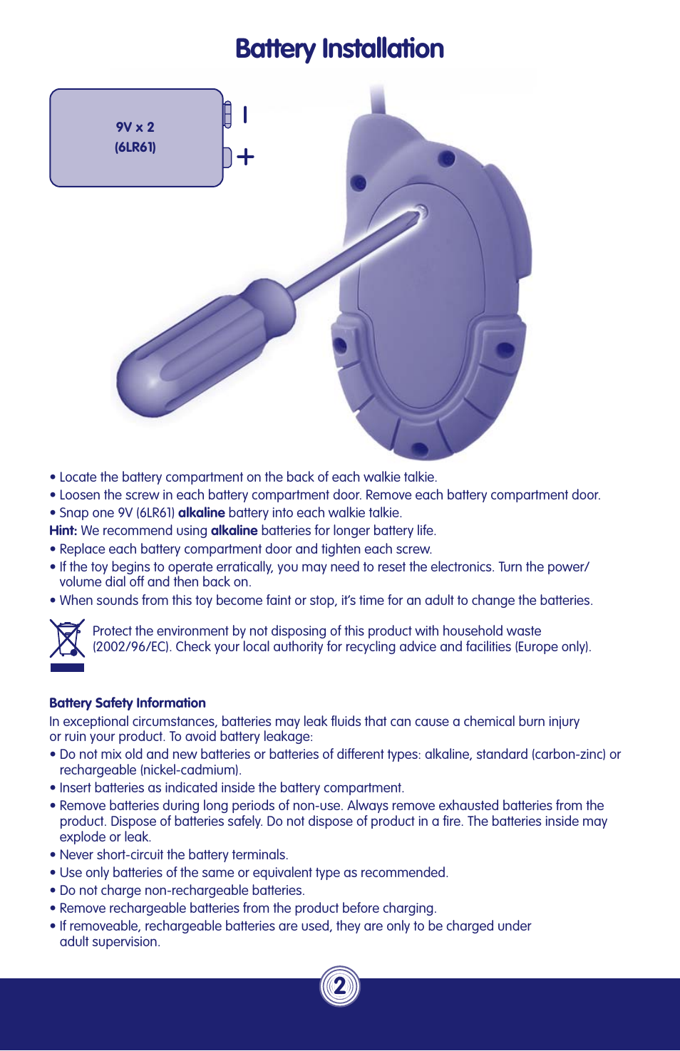 Battery installation | Fisher-Price KID.TOUGH N5962 User Manual | Page 2 / 6