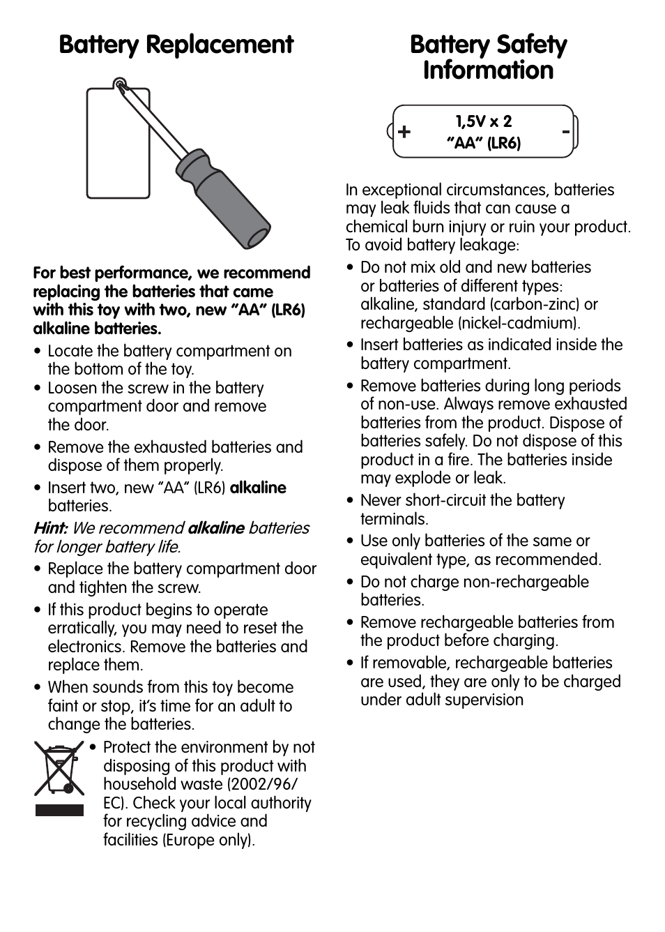 Battery replacement battery safety information | Fisher-Price V4348 User Manual | Page 2 / 4