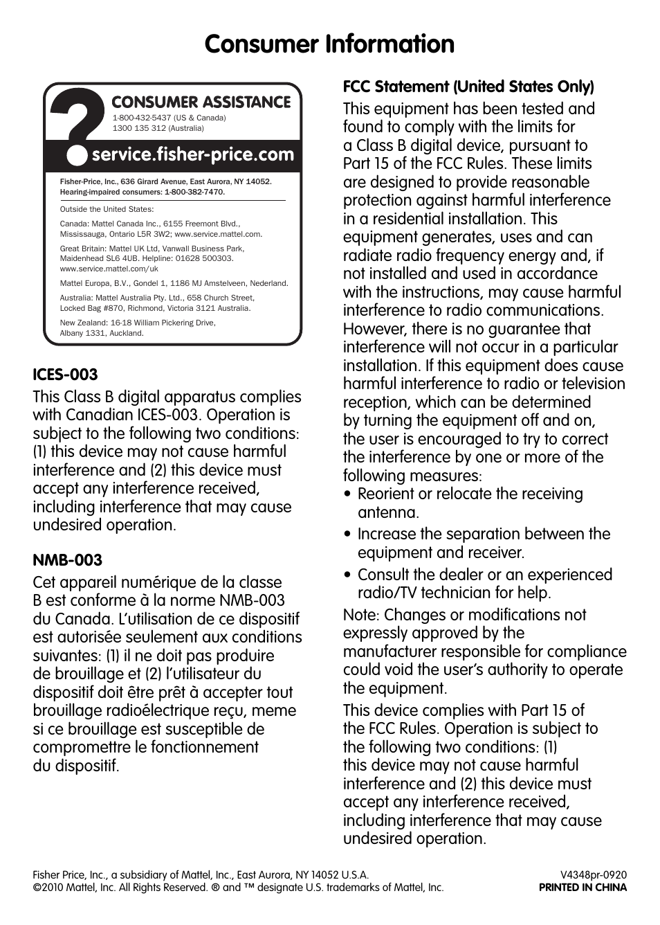 Consumer information | Fisher-Price V4348 User Manual | Page 4 / 4
