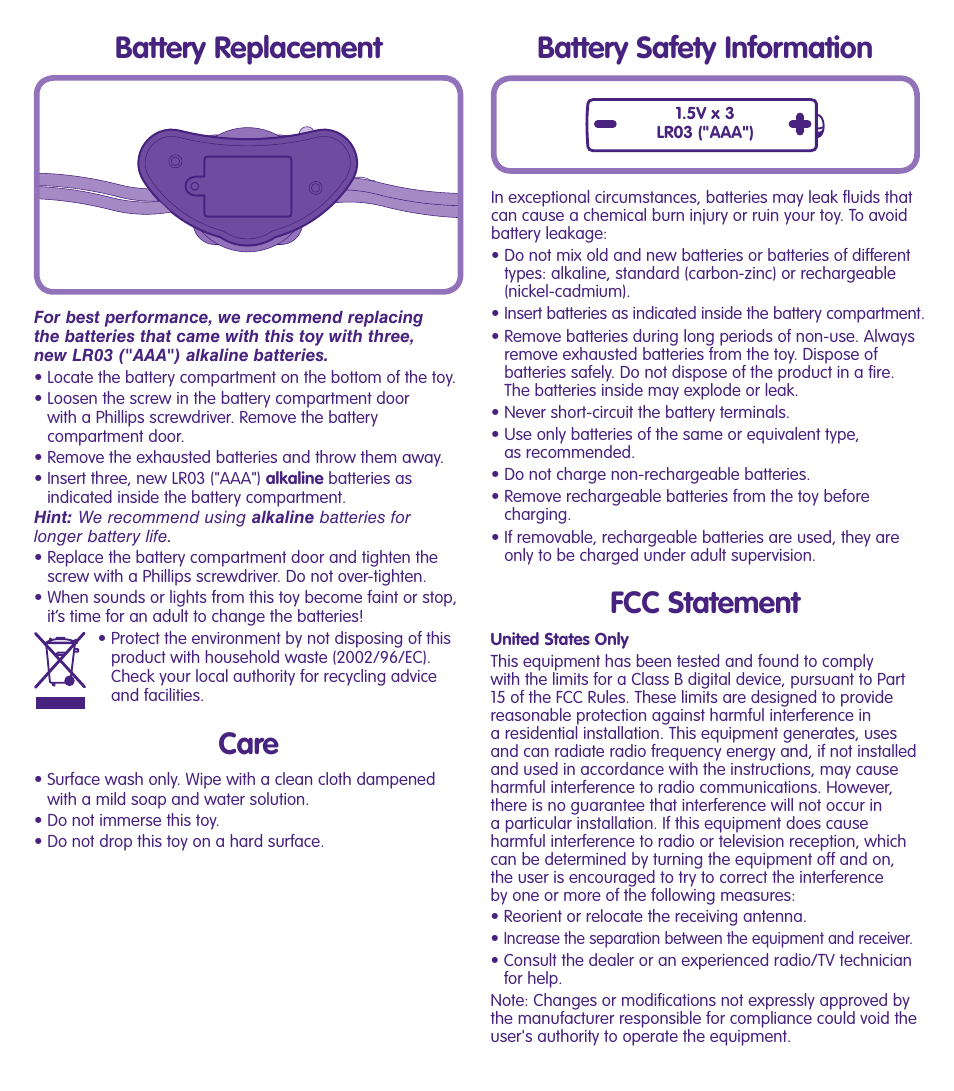 Fcc statement | Fisher-Price LAUGH & LEARN L5847 User Manual | Page 2 / 4