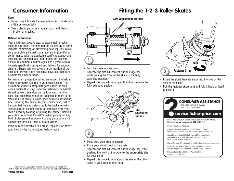 Consumer information, Fitting the 1-2-3 roller skates | Fisher-Price V4599 User Manual | Page 2 / 2
