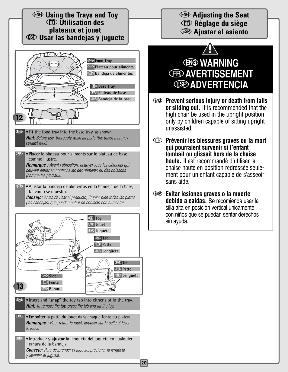 Ewarning favertissement sadvertencia | Fisher-Price C5936 User Manual | Page 20 / 24