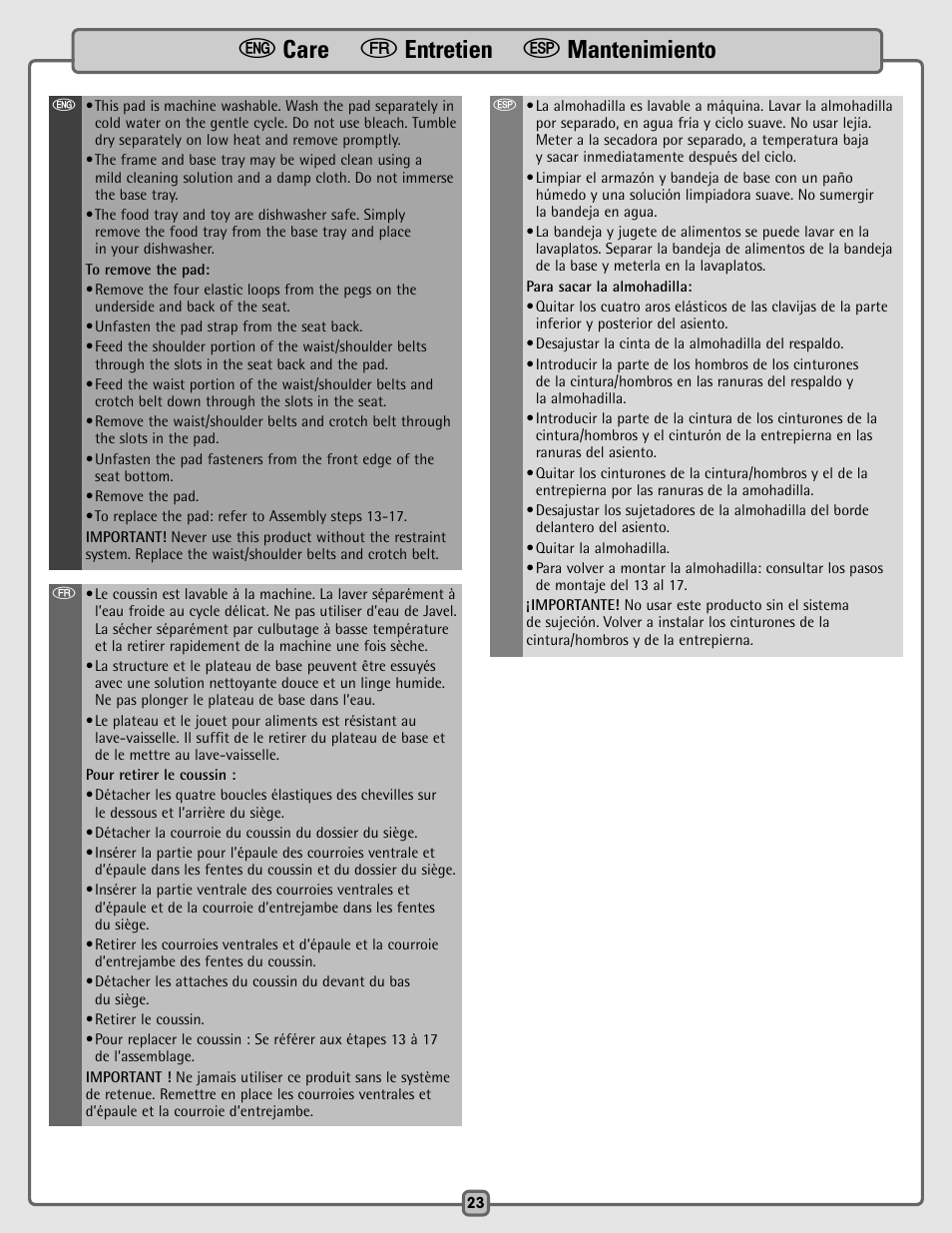 E care f entretien s mantenimiento | Fisher-Price C5936 User Manual | Page 23 / 24