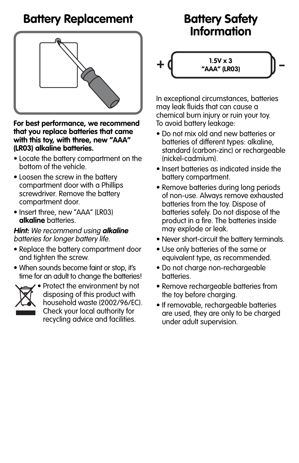Battery replacement, Battery safety information | Fisher-Price CAR-NIVORES M1804 User Manual | Page 2 / 4