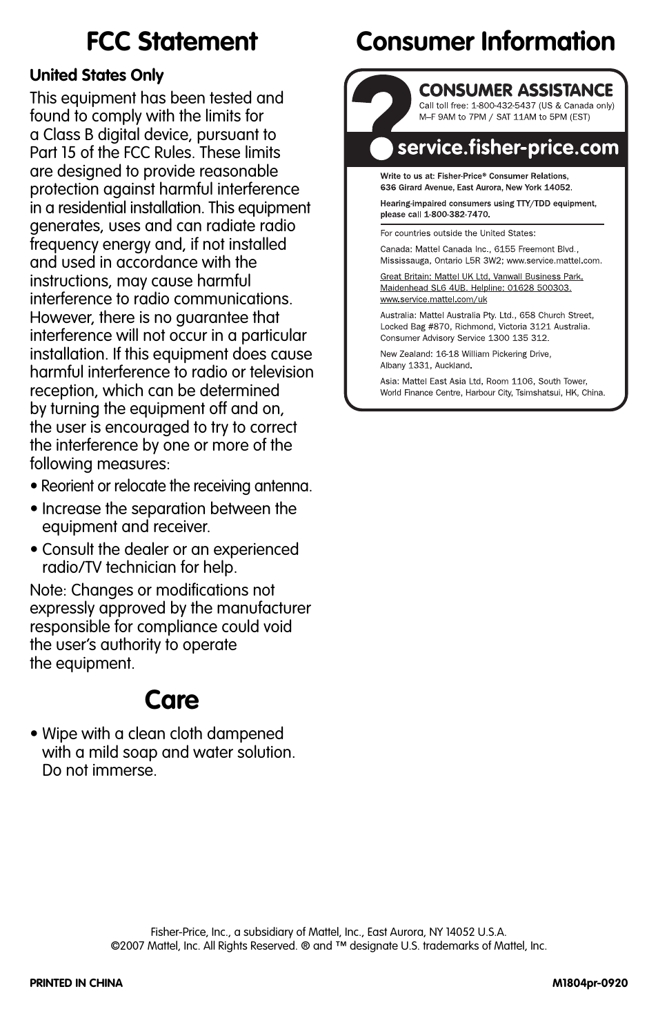 Fcc statement, Care, Consumer information | Fisher-Price CAR-NIVORES M1804 User Manual | Page 4 / 4