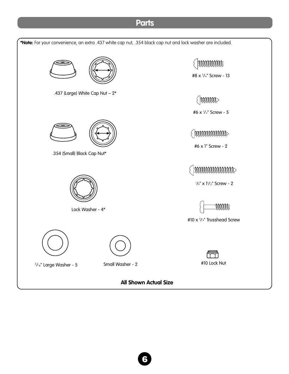 Parts, All shown actual size | Fisher-Price VOLKSWAGEN 73510 User Manual | Page 6 / 36