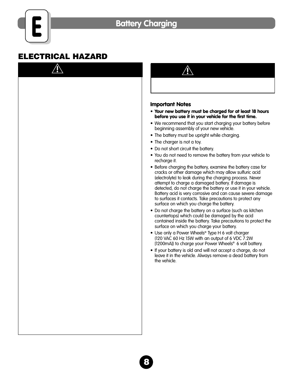 Battery charging, 8caution, Warning | Electrical hazard | Fisher-Price VOLKSWAGEN 73510 User Manual | Page 8 / 36