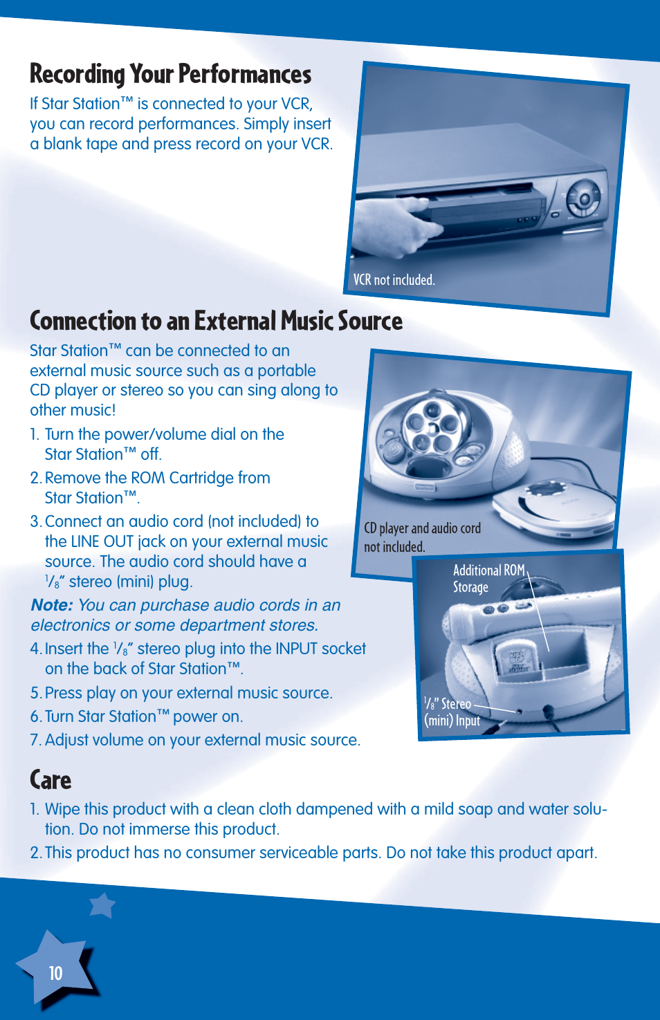 Recording your performances, Connection to an external music source, Care | Fisher-Price H6723 User Manual | Page 10 / 12