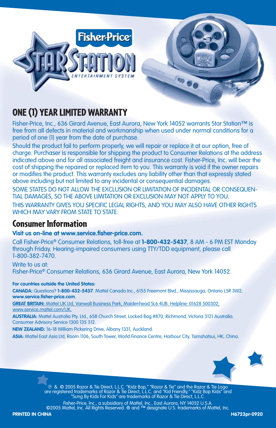 One (1) year limited warranty, Consumer information | Fisher-Price H6723 User Manual | Page 12 / 12