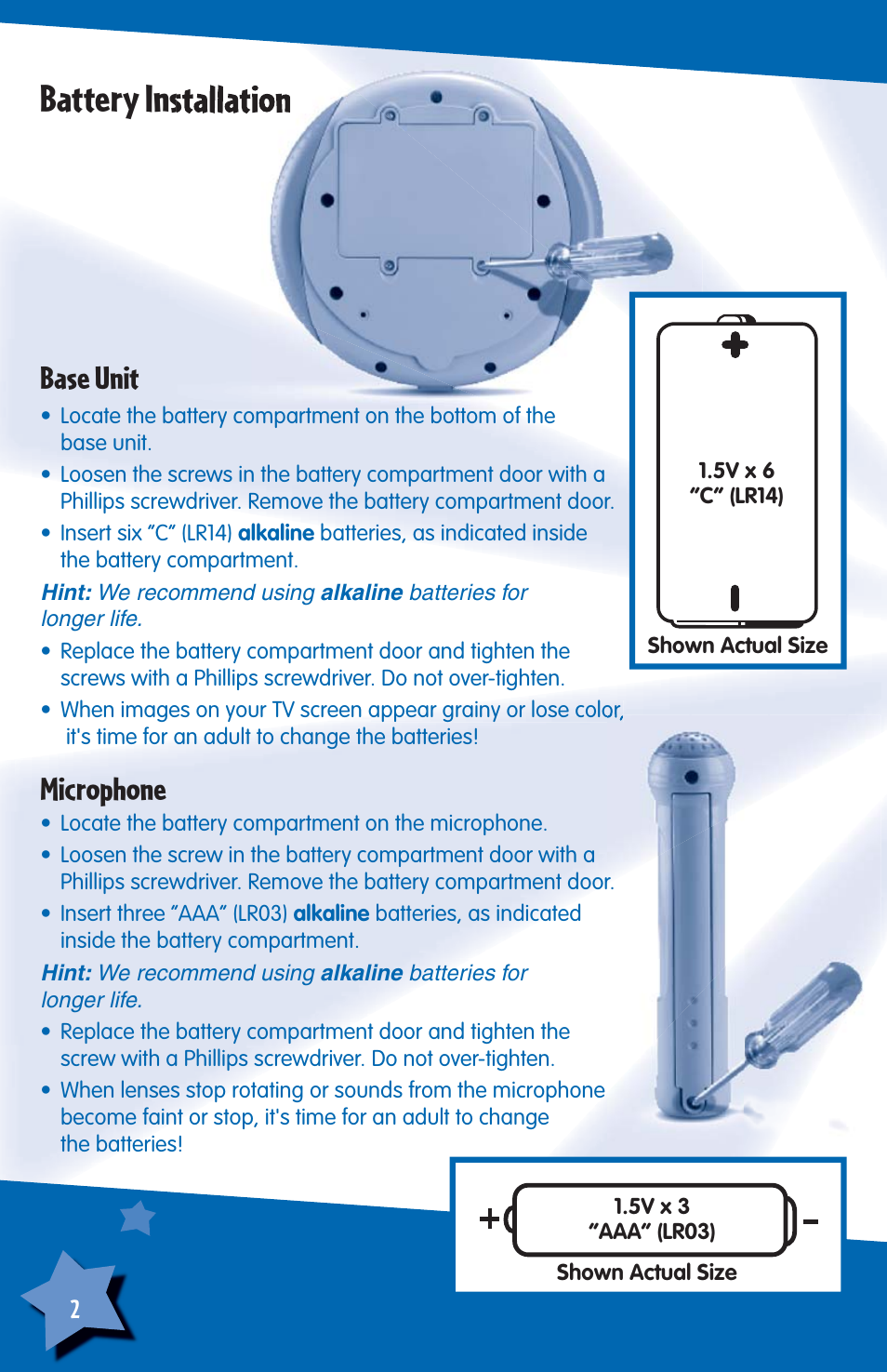Battery installation, Base unit, Microphone | Fisher-Price H6723 User Manual | Page 2 / 12