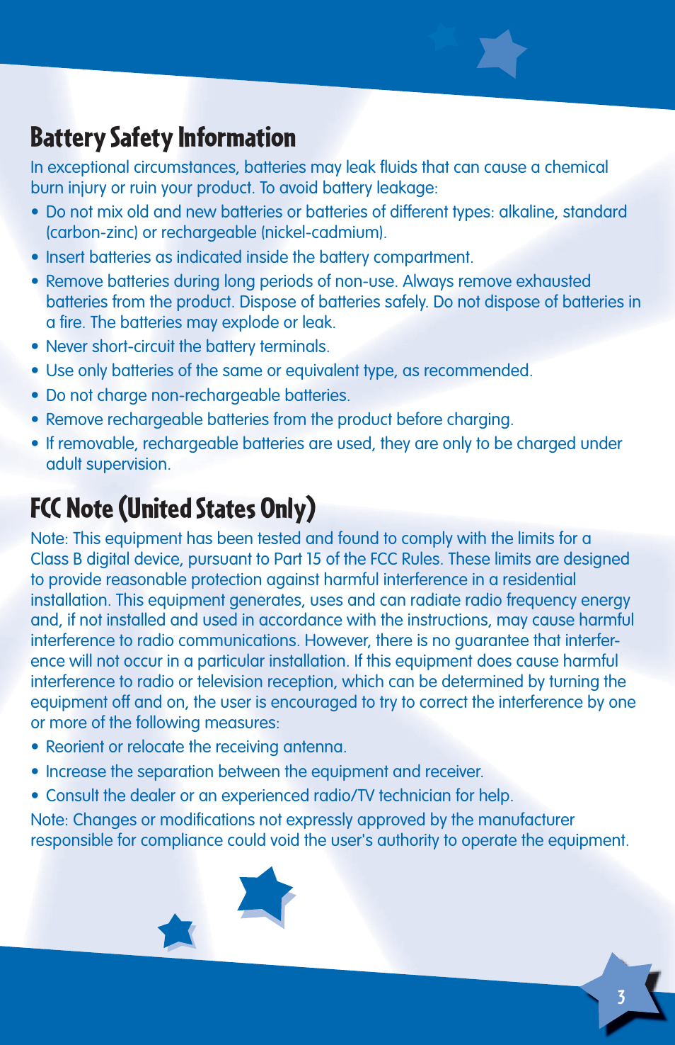 Battery safety information | Fisher-Price H6723 User Manual | Page 3 / 12