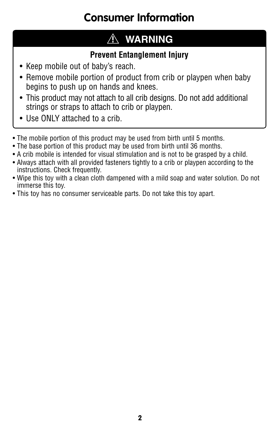 Consumer information, Warning | Fisher-Price P7866 User Manual | Page 2 / 12