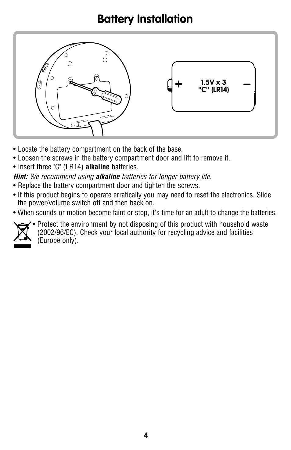 Battery installation | Fisher-Price P7866 User Manual | Page 4 / 12