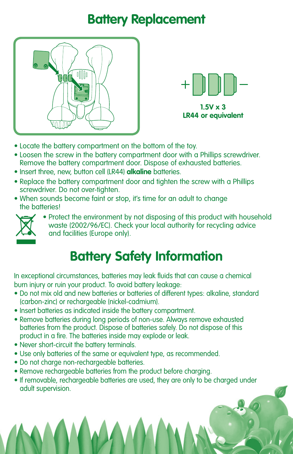 Battery replacement, Battery safety information | Fisher-Price AMAZING ANIMALS L6724 User Manual | Page 3 / 4