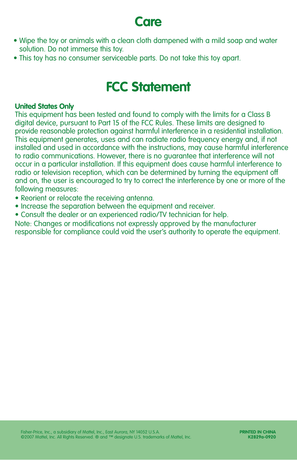Care, Fcc statement | Fisher-Price AMAZING ANIMALS L6724 User Manual | Page 4 / 4