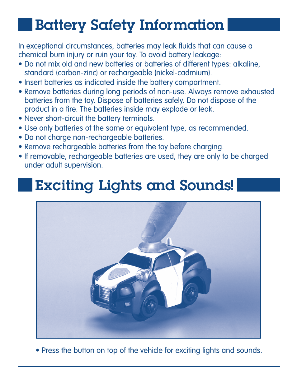 Battery safety information, Exciting lights and sounds | Fisher-Price GEO TRAX K0404 User Manual | Page 3 / 4
