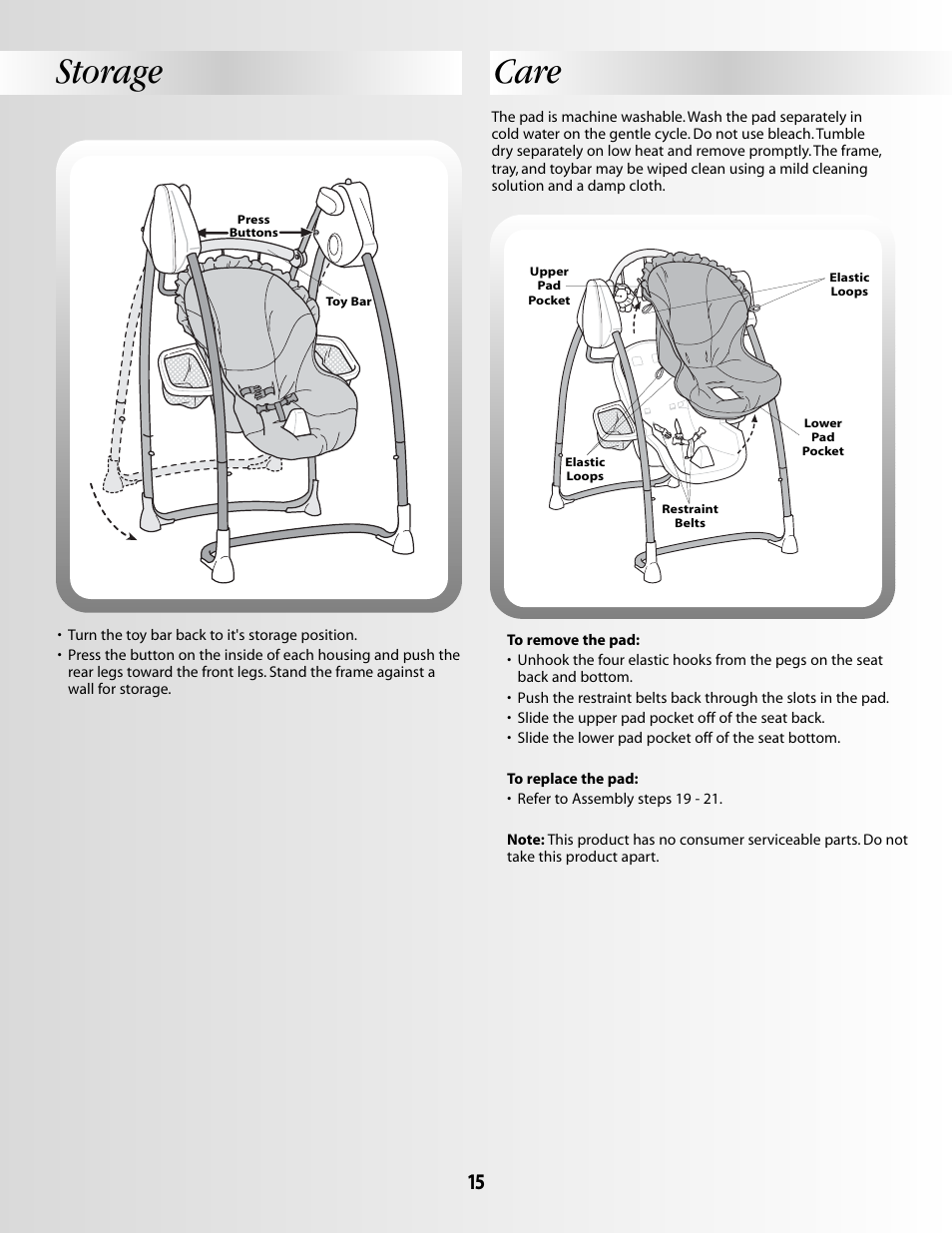 Care storage | Fisher-Price B2108 User Manual | Page 15 / 16