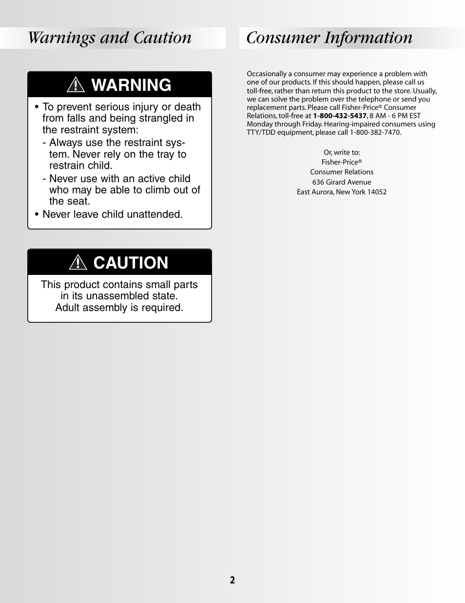 Consumer information warnings and caution, Warning, Caution | Fisher-Price B2108 User Manual | Page 2 / 16