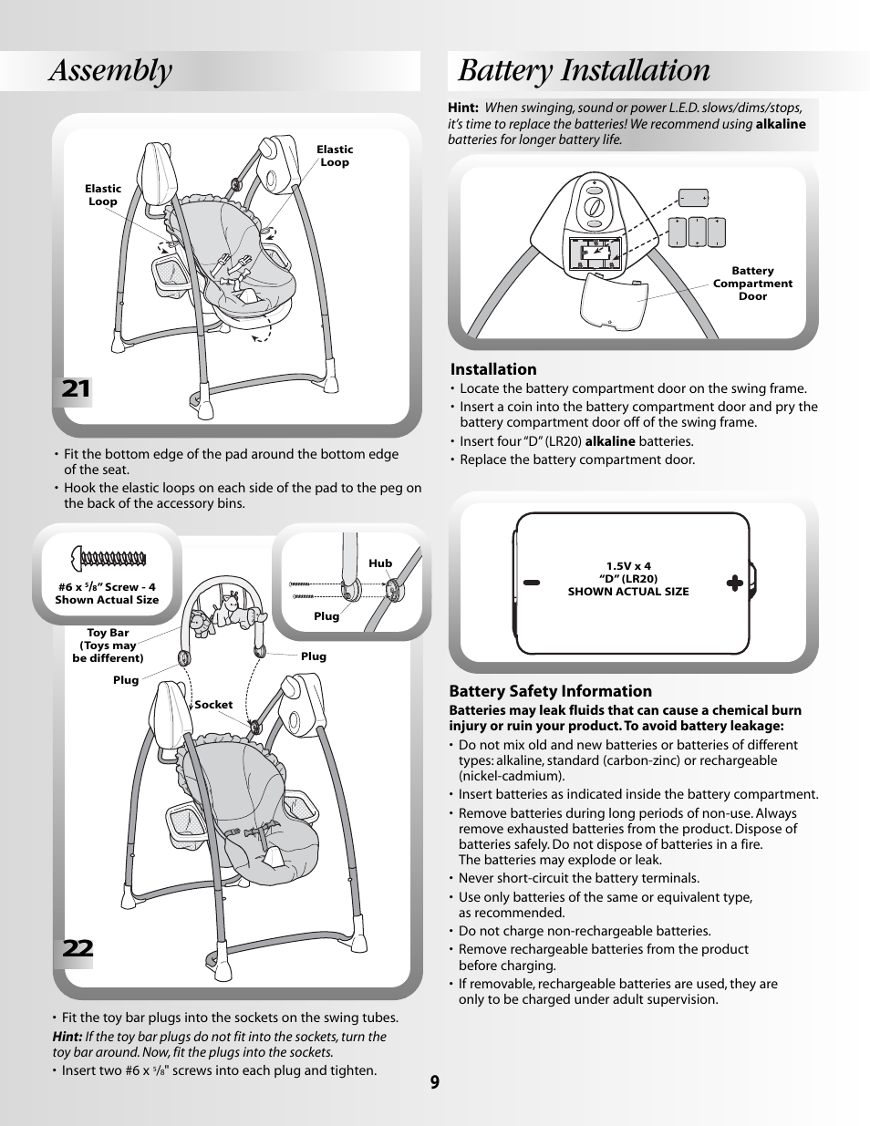 Assembly battery installation | Fisher-Price B2108 User Manual | Page 9 / 16