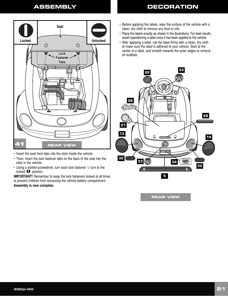 Assembly, Decoration | Fisher-Price VOLKWAGEN NEW BEATLE M3865 User Manual | Page 21 / 32