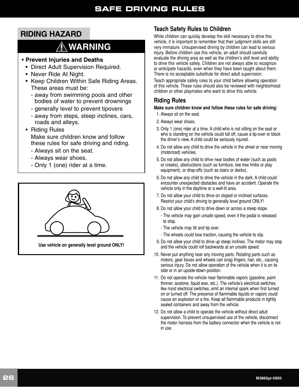 Warning, Riding hazard, Safe driving rules | Teach safety rules to children, Riding rules | Fisher-Price VOLKWAGEN NEW BEATLE M3865 User Manual | Page 26 / 32