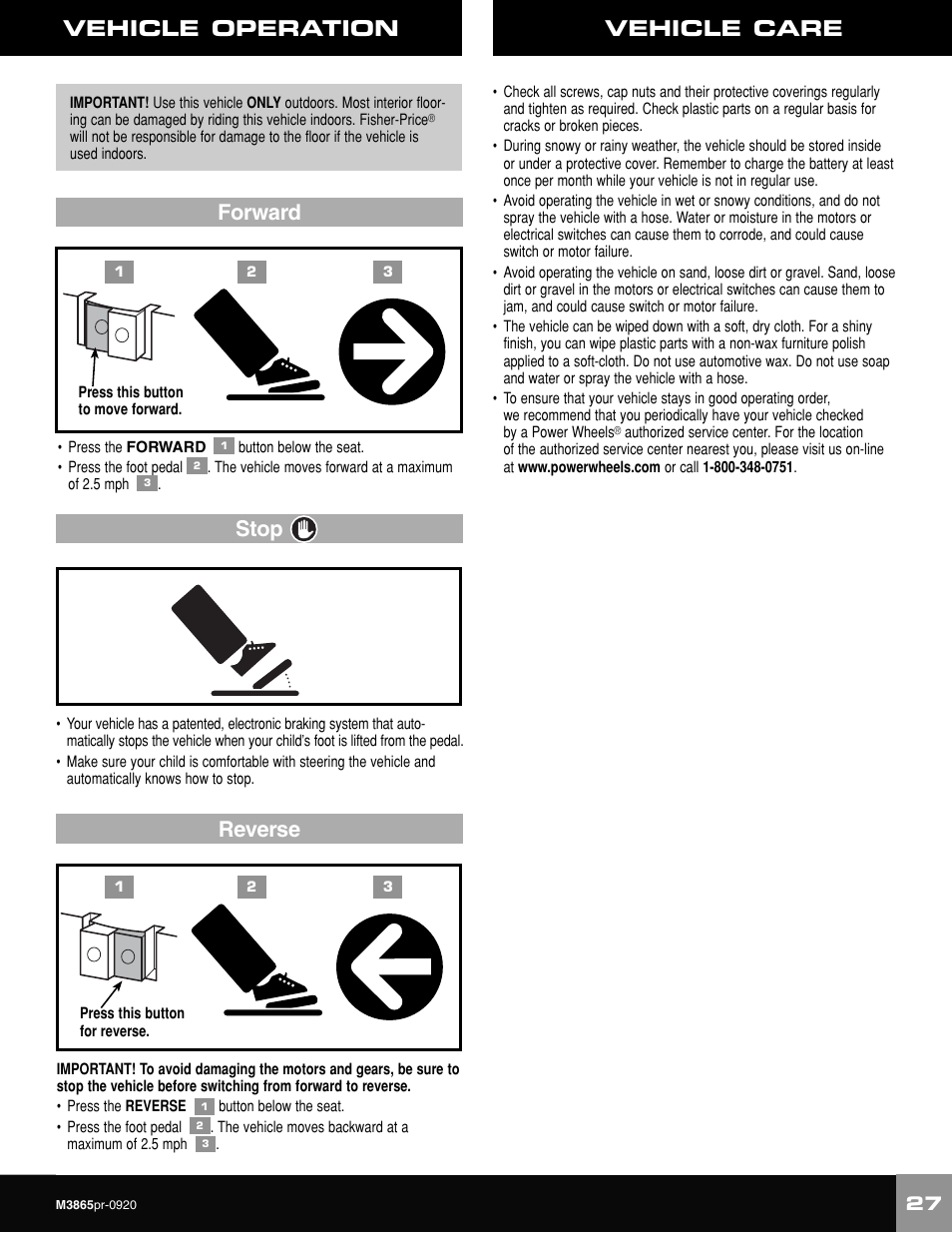 Vehicle operation, Forward, Vehicle care | Stop reverse | Fisher-Price VOLKWAGEN NEW BEATLE M3865 User Manual | Page 27 / 32