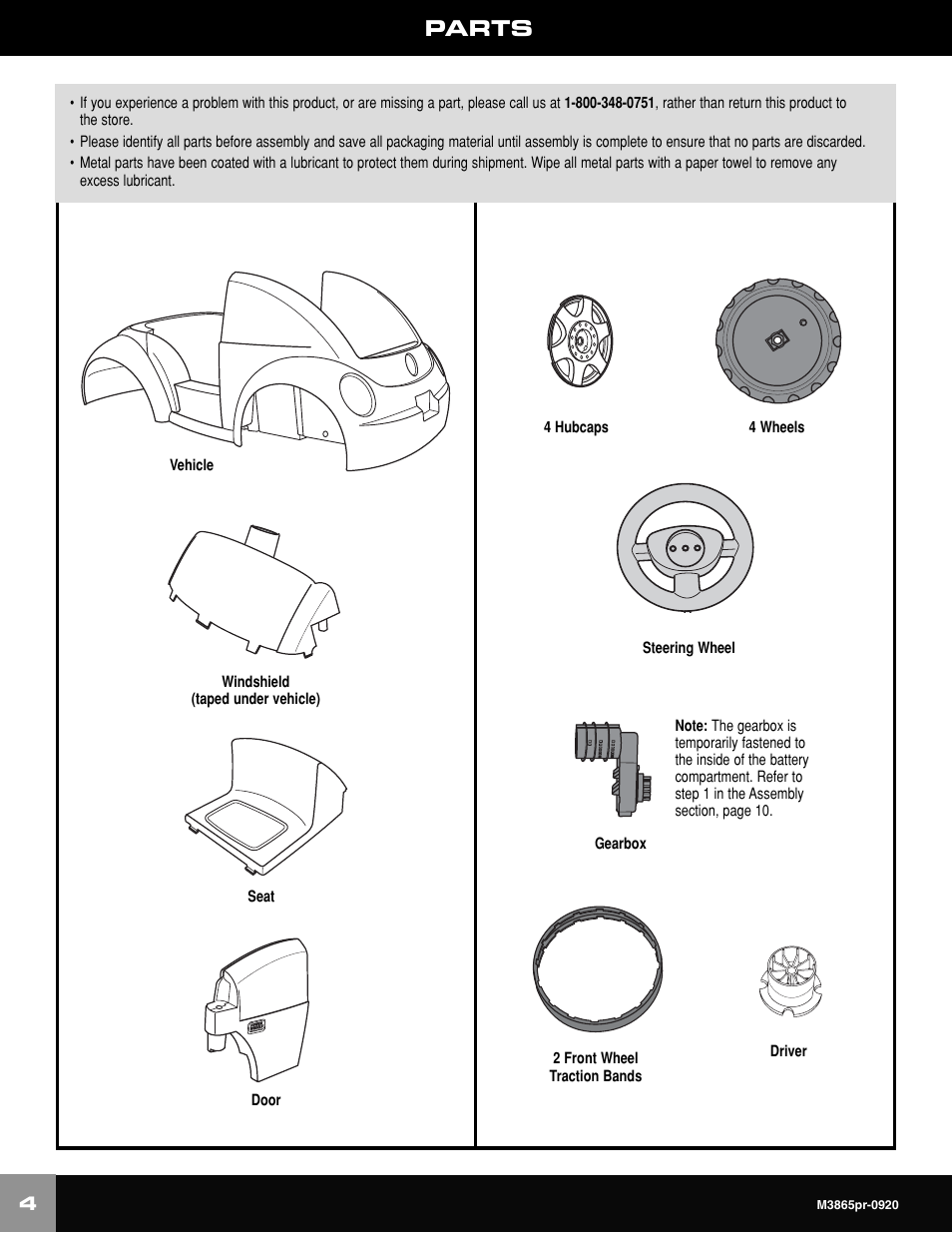 Parts | Fisher-Price VOLKWAGEN NEW BEATLE M3865 User Manual | Page 4 / 32