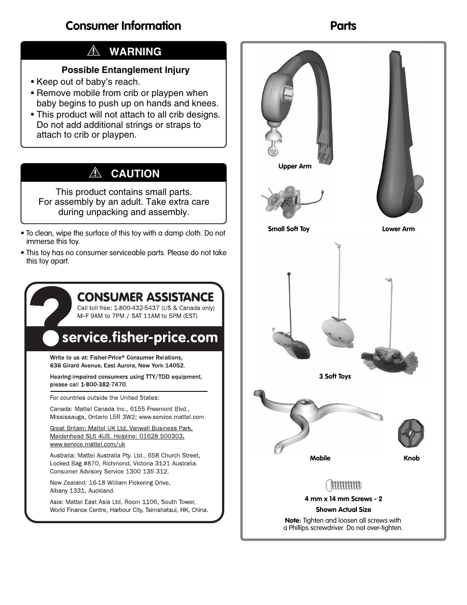 Parts, Consumer information, Warning | Caution | Fisher-Price M5606 User Manual | Page 2 / 4