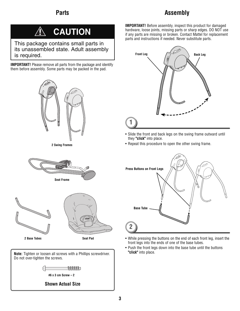 Caution, Parts, Assembly | Fisher-Price P6033 User Manual | Page 3 / 8