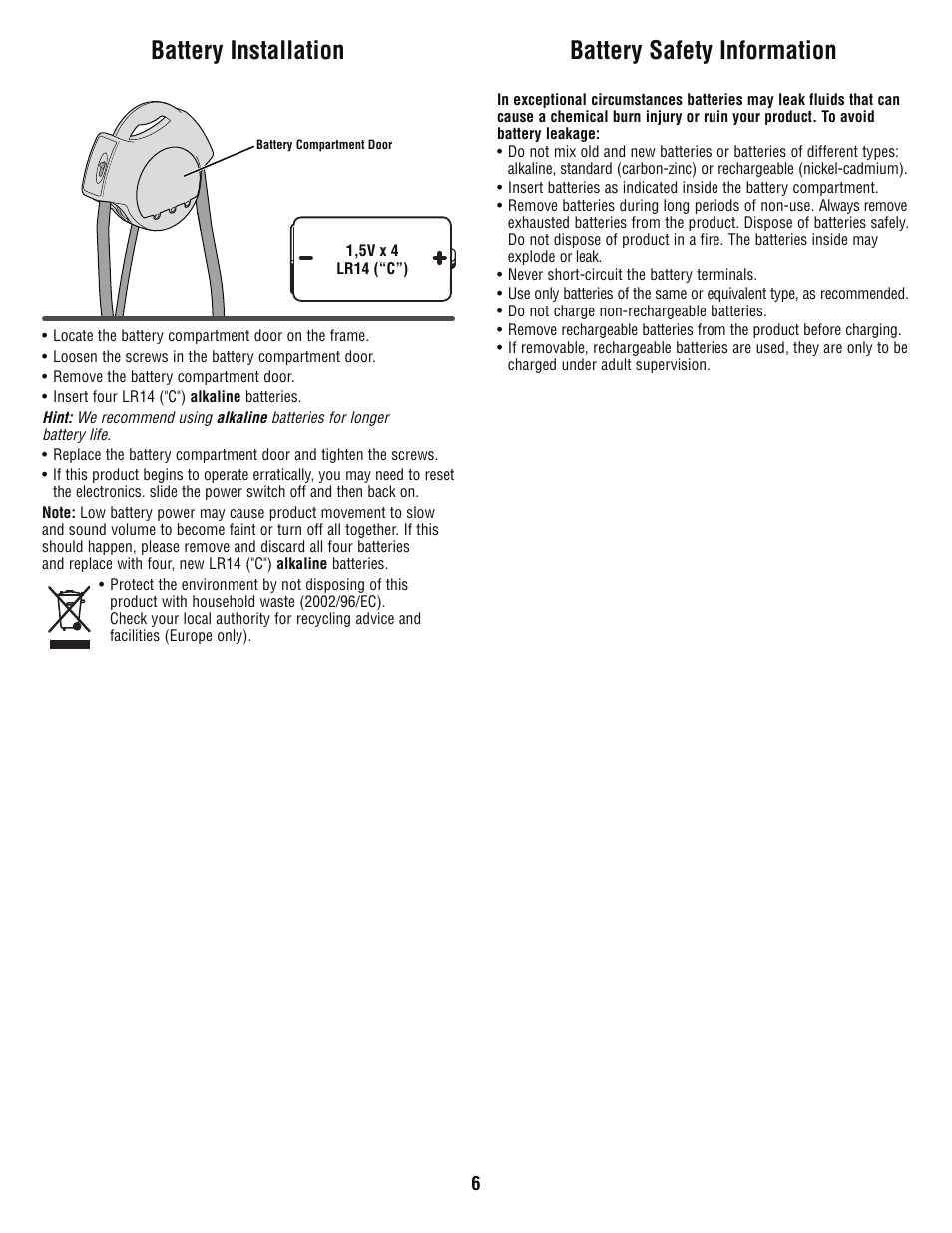 Battery safety information, Battery installation | Fisher-Price P6033 User Manual | Page 6 / 8