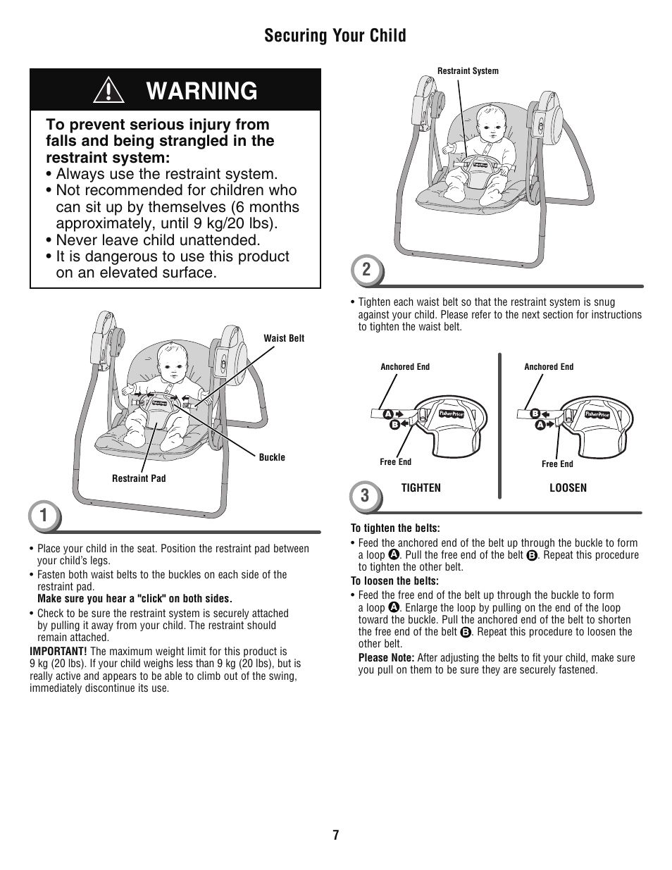 Warning, Securing your child | Fisher-Price P6033 User Manual | Page 7 / 8