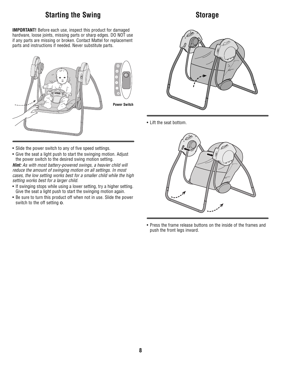 Starting the swing, Storage | Fisher-Price P6033 User Manual | Page 8 / 8