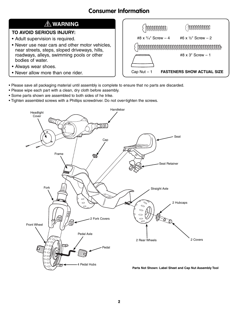 Consumer information, Warning | Fisher-Price T8822 User Manual | Page 2 / 8