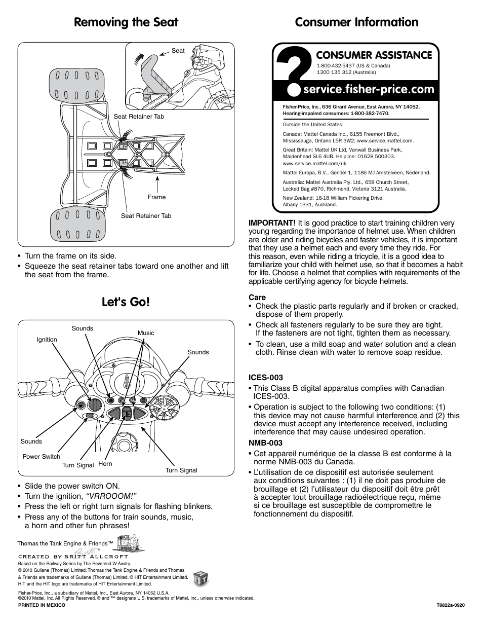 Removing the seat let's go! consumer information, Consumer assistance | Fisher-Price T8822 User Manual | Page 8 / 8