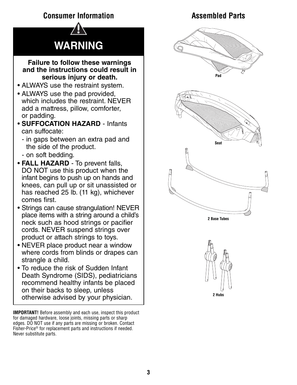Warning, Consumer information, Assembled parts | Fisher-Price R6070 User Manual | Page 3 / 8