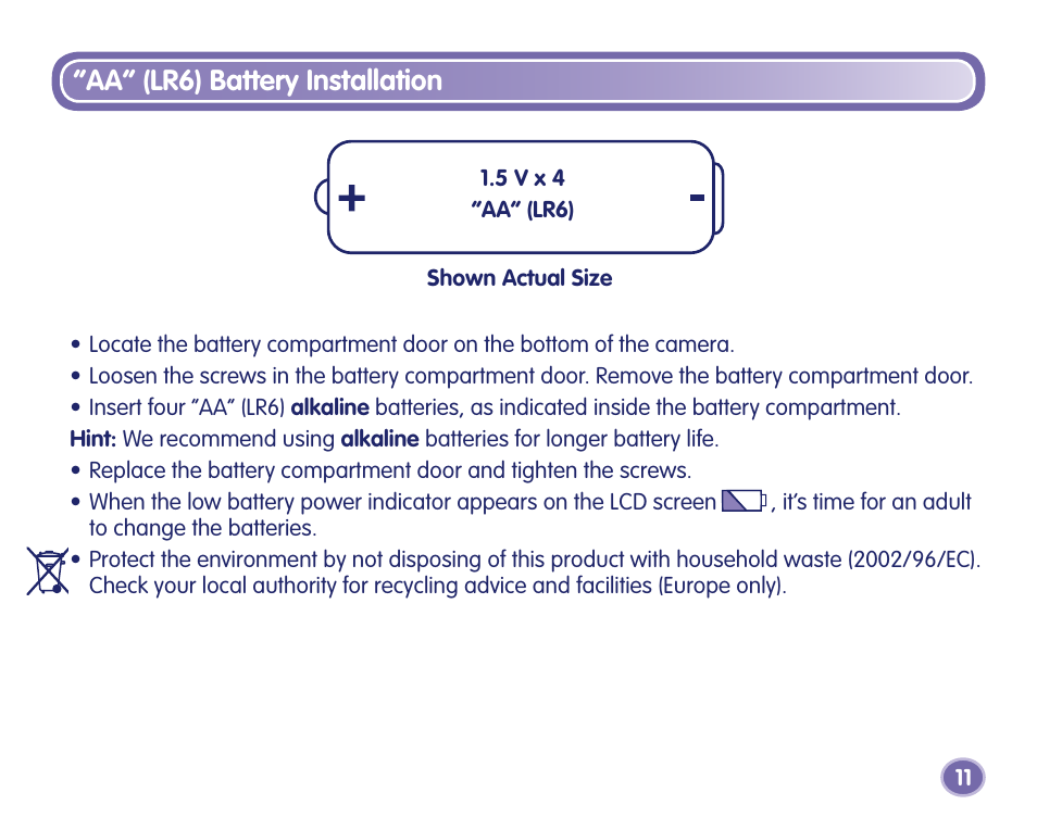 Aa“ (lr6) battery installation | Fisher-Price J8209 User Manual | Page 11 / 40