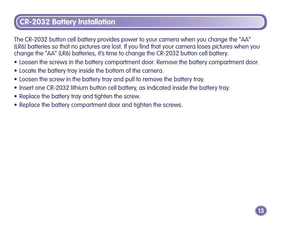 Cr-2032 battery installation | Fisher-Price J8209 User Manual | Page 13 / 40