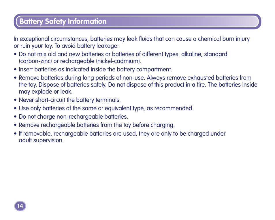 Battery safety information | Fisher-Price J8209 User Manual | Page 14 / 40
