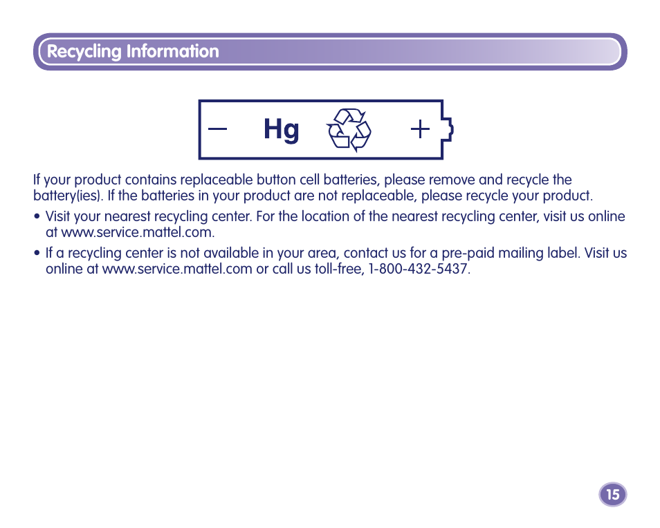 Recycling information | Fisher-Price J8209 User Manual | Page 15 / 40