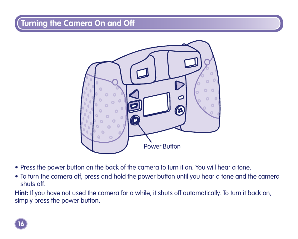 Turning the camera on and off | Fisher-Price J8209 User Manual | Page 16 / 40