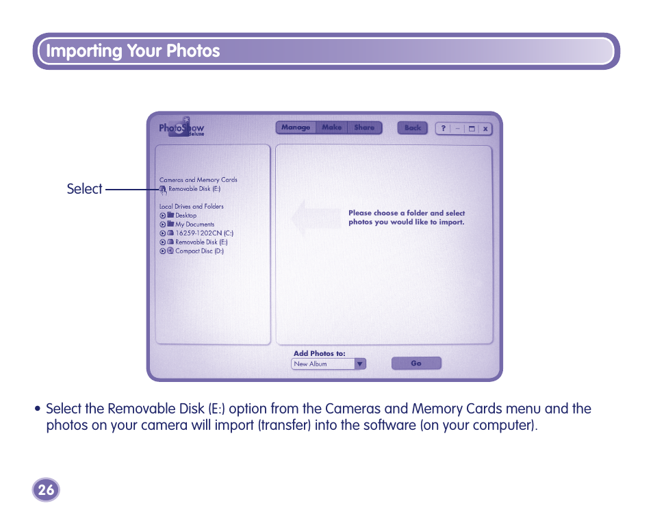 Importing your photos | Fisher-Price J8209 User Manual | Page 26 / 40