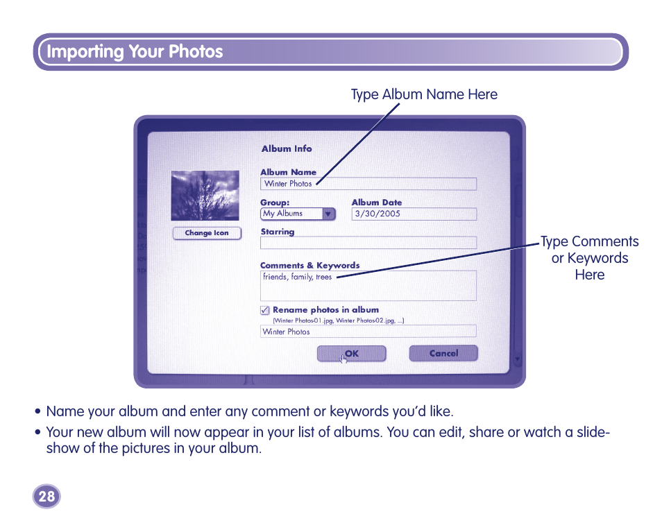 Importing your photos | Fisher-Price J8209 User Manual | Page 28 / 40