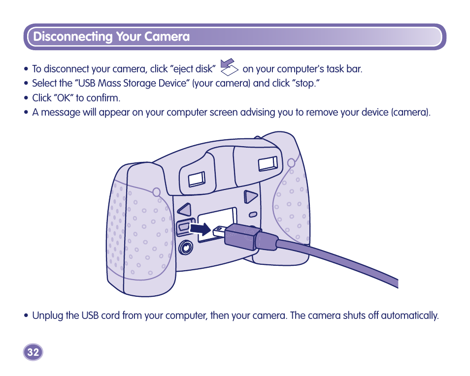 Disconnecting your camera | Fisher-Price J8209 User Manual | Page 32 / 40