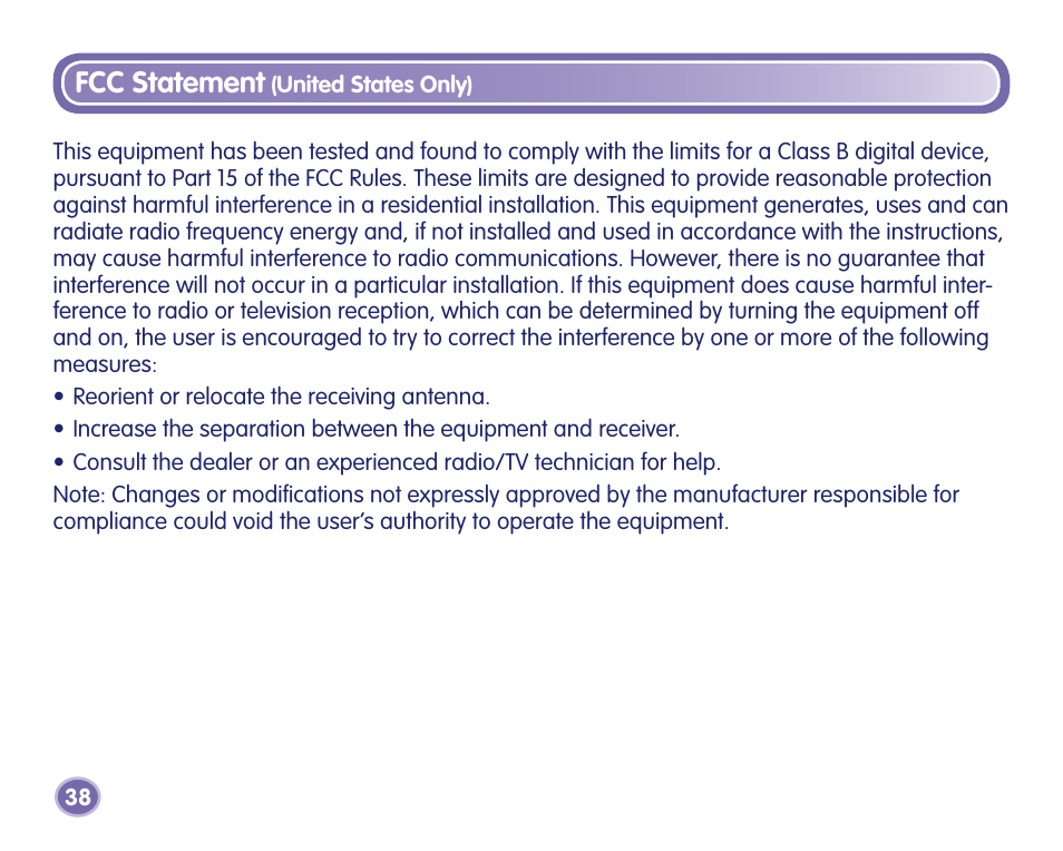 Fcc statement | Fisher-Price J8209 User Manual | Page 38 / 40