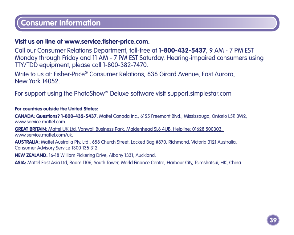 Consumer information | Fisher-Price J8209 User Manual | Page 39 / 40