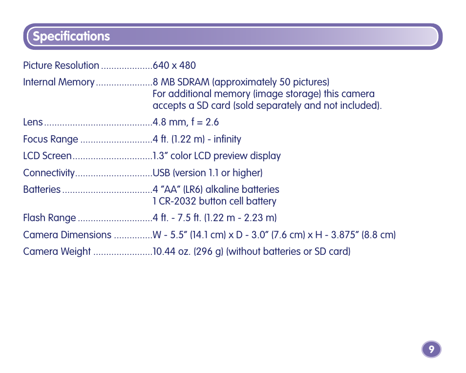 Speciﬁcations | Fisher-Price J8209 User Manual | Page 9 / 40